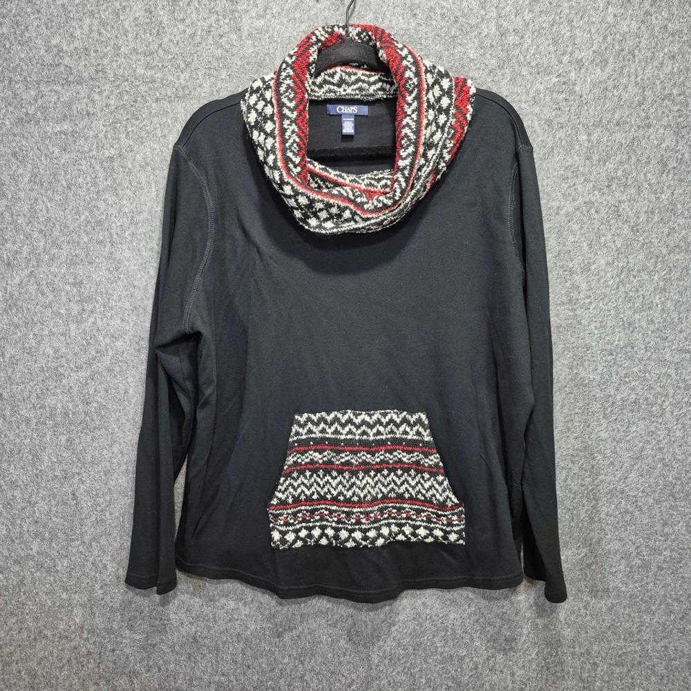 Chaps Long-Sleeve Cowl Neck 2X Top Fair Isle Kangaroo Pocket Boho 100% cotton